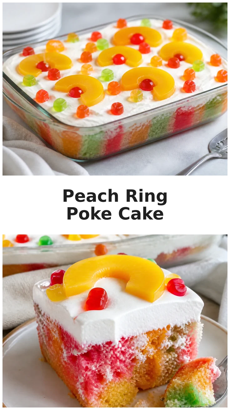 Colorful Peach Ring Gummy Poke Cake Recipe Colorful Peach Ring Gummy Poke Cake Recipe