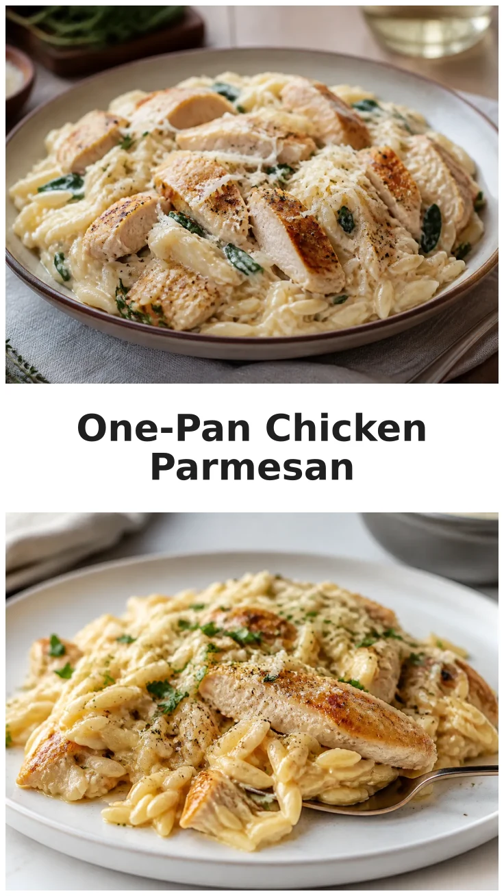 Cheesy One-Pan Chicken Parmesan Orzo Recipe for Dinner Cheesy One-Pan Chicken Parmesan Orzo Recipe for Dinner